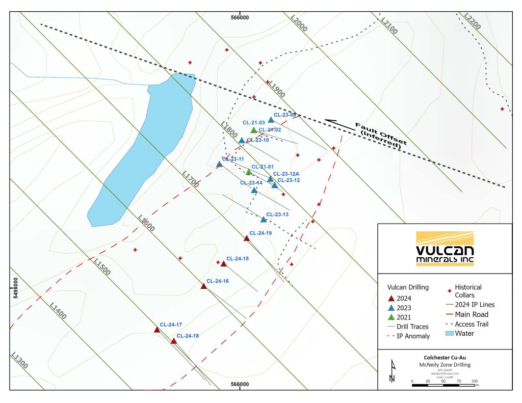 Map of McNeily zone drilling and IP anomaly.